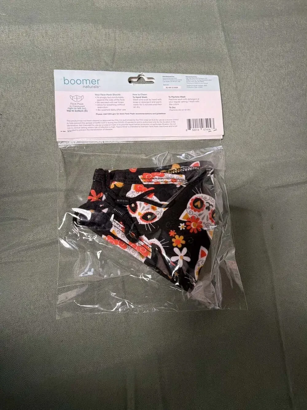 Boomer Naturals Reusable Face Mask for Kids Sugar Skull Cat Print 8-12 Years Old